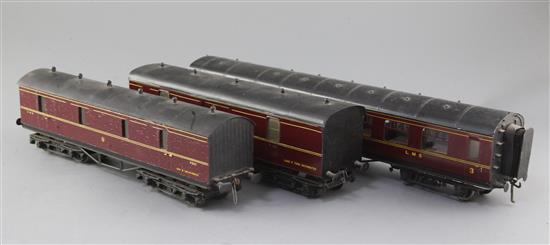 A set of three LMS Exley, buffet coach no.9044, baggage van no.8123 and baggage van no.4567